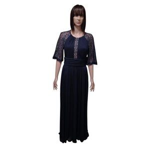 B&A "Chrissy" Sheer Matte Jersey Maxi Dress with Lace Sleeves, Navy, Size 4
